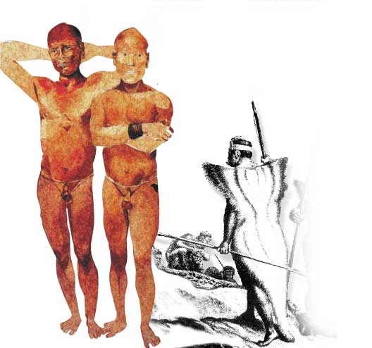 A figura em cores mostra dois homens indígenas nus e descalços. Um deles está com os braços elevados e as mãos atrás da cabeça, enquanto o outro tem os braços cruzados sobre o peito e sorri.