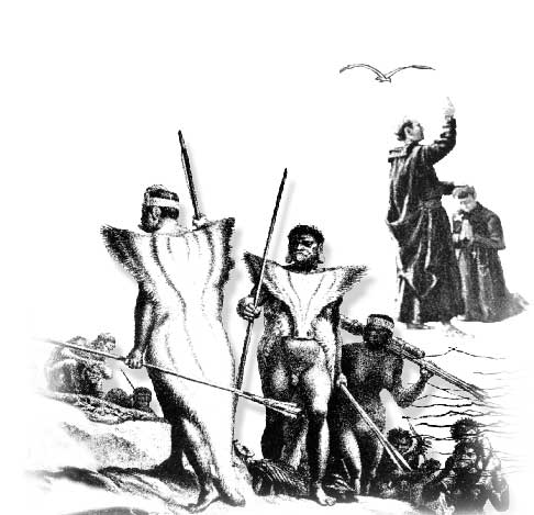 Desenhos de um grupo de indígenas formado por homens e mulheres, além de outro, mais ao fundo, onde identifica-se um religioso com a mão sobre a cabeça de um homem ajoelhado a seus pés.