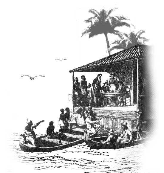 Desenho que retrata pessoas negras, trajadas com roupas simples e desembarcando em uma casa onde há homens bem vestidos para a época.