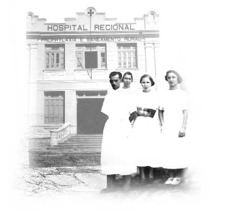 Imagem mostrando a fachada de um hospital e mulheres e homens com uniformes típicos da área da saúde.