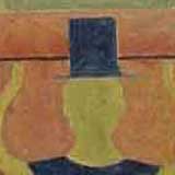 Nesta pintura, identifica-se uma pessoa com os braços erguidos. As mãos tocam uma barra que possui uma esfera em cada ponta. Nos pés dessa pessoa encontra-se outra barra, mas com esferas maiores. O fundo é colorido em tons de laranja e marrom, predominantemente.

