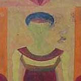 Nesta pintura, identifica-se uma pessoa com os braços esticados para baixo. As mãos tocam uma barra que possui uma esfera em cada ponta. Nos pés dessa pessoa encontra-se outra barra, mas com esferas maiores. O fundo é colorido em tons de laranja e marrom, predominantemente, e nota-se forma que lembra um portal.