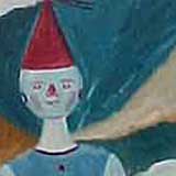 Esta pintura em tons de azul revela uma pessoa com roupas usadas por palhaços. Nota-se que ele está com as mãos nos bolsos da frente do macacão. Percebe-se também que de cada bolso sai uma guia de coleira presa a pequenos cachorros que se equilibram em uma bola e em degraus.