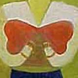 A pintura mostra uma mulher de frente para o observador. Nota-se que ela segura com as duas mãos um objeto que lembra um laço vermelho. A moça usa chapéu preto, blusa branca e saia azul. Percebe-se ainda que ela está sob uma espécie de portal.