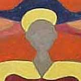 Algumas formas geométricas, com predominância de formatos arredondados, unem-se e formam o fundo da pintura em variadas cores. No centro, identifica-se uma pessoa de frente para o observador.