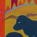 Pintura na qual se identifica um animal com chifres longos diante de objeto circular. Nota-se que o bicho está sob uma tenda com bandeirolas coloridas pendentes.