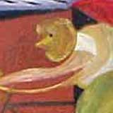 Uma pessoa anda de bicicleta nesta pintura. Notam-se as formas geométricas que se originam das linhas que definem o quadro da bicicleta, as rodas e a coroa. Ao fundo, predominância de vermelho azul.