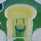 No centro desta pintura em cores, percebe-se uma pessoa de frente para o observador. Nota-se que ela está com o tronco inclinado para frente, enquanto as mãos tocam uma barra no chão, com uma esfera em cada ponta. Acima do indivíduo, uma tenda azul complementa o fundo.