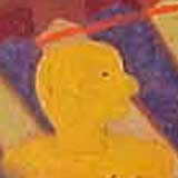 No centro desta pintura em cores, nota-se, à esquerda, um homem com um objeto vermelho nas mãos. De frente para ele, um animal com chifres o encara. Ao fundo, uma arena compõe o cenário.