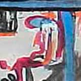 Em um misto de cores e formas particulares, nesta pintura, identifica-se, ao centro, um local fechado. Nota-se o que há no interior desse lugar, como uma pessoa sentada. Ao fundo, à esquerda, observa-se a sombra de um castelo.