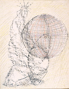 Em um fundo claro, desenho de uma figura masculina usando uma coroa. O corpo é indefinido, não mostra membros ou roupas. Um grande globo está a sua frente e é totalmente cortado por linhas verticais e horizontais, que acompanham toda sua curvatura.