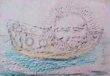 Esta pintura em tela, levemente colorida, retrata um barco sobre água e um grande sol, praticamente dentro da embarcação. Percebe-se que o astro tem traços que remetem a um rosto. Nota-se também uma técnica de pintura que apresenta sensação de textura.