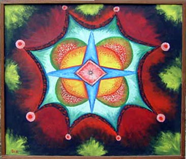 O centro desta mandala é um losango vermelho. Ao redor, uma estrela azul de quatro pontas. Em seguida, sempre envolvendo o objeto anterior, uma forma oval amarela e, logo depois, quatro semicírculos verdes e vermelhos. Envolvendo todos os desenhos, outra forma estelar, dessa vez com oito pontas e um pequeno círculo em cada extremidade.