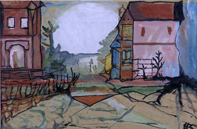 Nesta pintura colorida, identifica-se, em primeiro plano, um pátio aberto. Nas duas laterais da imagem há casas separadas por um caminho que conduz ao fundo da tela, onde há um horizonte.