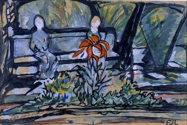 Esta pintura em tons predominantes de azul e traços grossos em preto mostra um cenário com um pequeno jardim e uma pessoa sentada no banco logo atrás das plantas. Não há detalhes do rosto do indivíduo, entretanto nota-se uma forma humana. Já no jardim, bem ao centro da imagem, destaca-se uma grande flor de pétalas avermelhadas.