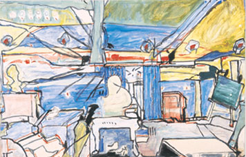 Desenho abstrato em tons de azul, rosa e amarelo. Em meio a muitos objetos amontoados é possível identificar, à direita, um quadro sobre cavalete.