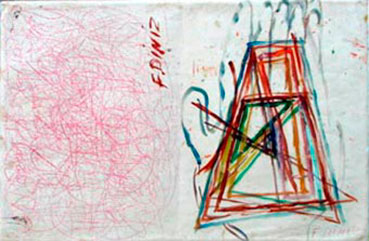 Esta pintura mostra, à esquerda, inúmeros rabiscos aleatórios na cor rosa, seguidos da assinatura “F.Diniz”. A fração direita da imagem consiste no desenho que lembra o formato de mão e, sobre este, vários traços coloridos sobrepostos compondo trapézios e triângulos.