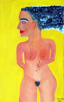 Esta tela em fundo amarelo apresenta o desenho rústico de uma mulher nua. Nota-se que a cabeça e o rosto estão voltados para a esquerda e os cabelos escuros estão soltos, enquanto o corpo foi desenhado de frente.