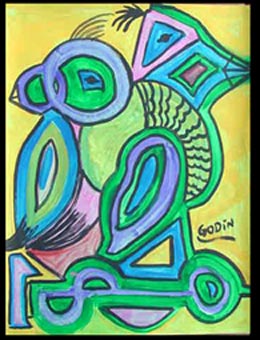 Sobre fundo amarelo, um desenho abstrato, composto de várias linhas e contornos azuis e verdes, ocupa quase toda a área da tela. À direita lê-se a assinatura do artista: “Godin”.