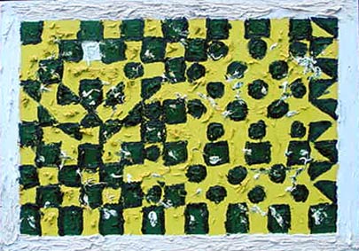 Esta tela revela tabuleiro semelhante ao do jogo de xadrez. No entanto, há círculos e triângulos entre os quadrados claros e escuros.