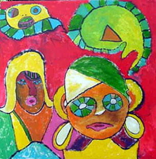 A tela revela dois rostos; um menor, à esquerda e mais ao fundo e outro maior, à direita e posicionado em primeiro plano. São imagens muito coloridas, com destaque para as cores verde e amarela em detalhes como cabelo e adereços e vermelha para o fundo.