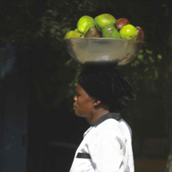 Neta foto em close, vê-se senhora negra de perfil, transportando na cabeça uma bacia cheia de frutas. Percebe-se que ela veste blusa branca com detalhes pretos, combinando com o pano que cobre-lhe a cabeça e a saia ou calça.