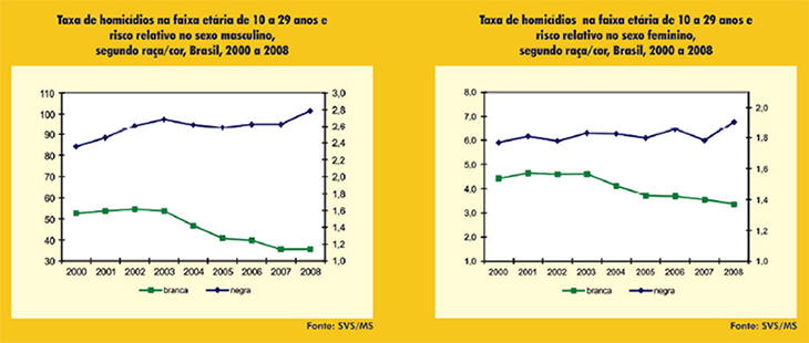 Taxa de homic�dios na faixa et�ria de 10 a 29 anos e risco relativo nos sexos masculino e feminino, segundo ra�a/cor, Brasil, 2000 a 2008.