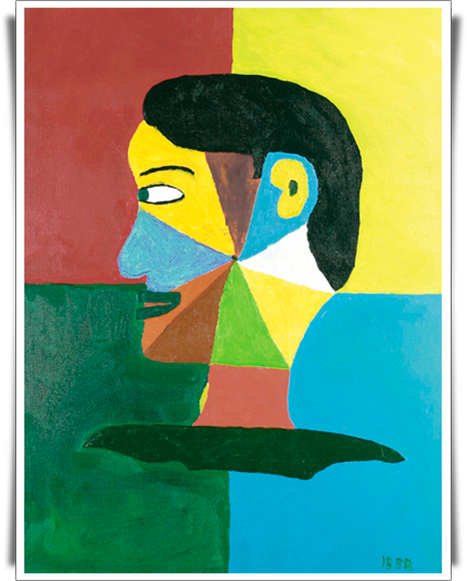 Nesta pintura vê-se o desenho de um rosto de perfil, dividido em nove fatias coloridas. Percebe-se ainda que o fundo foi dividido em quatro quadriláteros, um vermelho, outro amarelo, outro verde e outro azul.