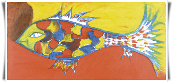Nesta pintura, identifica-se o desenho de um peixe que toma toda a tela. Notam-se que as escamas são coloridas de azul, amarelo e vermelho, estas duas últimas também utilizadas para compor o fundo.