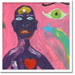 A tela exibe figura humana colorida de roxo sobre fundo rosa. No ser representado há um coração no lado esquerdo do tórax. Notam-se olhos azuis, boca vermelha e o cérebro em tom de amarelo e marrom. À esquerda, identifica-se um coqueiro, enquanto à direita, existem uma estrela e um olho.