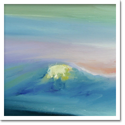 A pintura revela céu e horizonte em várias nuances. No topo, um azul mais claro, invadido pelo branco e toques de lilás, amarelo e laranja. No centro, o azul mistura-se ao rosa e, na parte inferior, é o preto que se junta ao tom azulado. 