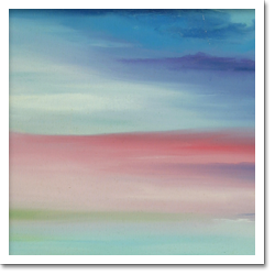 Nuances de azul branco e rosa tomam praticamente toda a tela, somente na parte extremamente inferior é que nota-se o verde mesclado com um pouco de amarelo