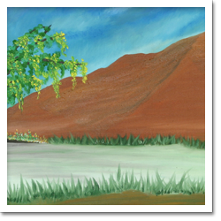 A pintura revela uma paisagem. Veem-se, no alto, o céu azul sobre montanha marrom. À esquerda, aos pés da elevação, uma árvore com muitas folhas verdes. Nota-se também que há capim em volta do que aparenta ser uma lagoa.