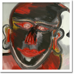 Um rosto toma conta desta tela. Nota-se que foram utilizadas as cores preta no, rosto em geral, e vermelho nos olhos, nariz, boca e orelhas. Percebe-se também, que da cabeça da pessoa, pende para trás um fio com uma pequena bola na ponta. Outro destaque é para os vários tons de vermelho, além do amarelo, que compõem a parte inferior da tela.