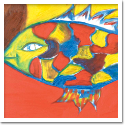 Nesta pintura, identifica-se o desenho de um peixe que toma toda a tela. Notam-se que as escamas são coloridas de azul, amarelo e vermelho, estas duas últimas também utilizadas para compor o fundo.