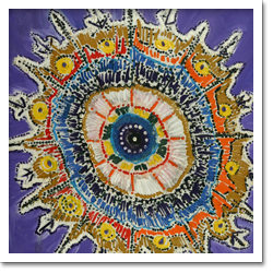 A tela mostra mandala sobre fundo azul. São círculos coloridos uns dentro dos outros, formando camadas de diferentes cores e formas. A mais externa possui pontas raiadas e irregulares com pequenos desenhos. A assinatura “Godin” aparece no canto inferior direito.