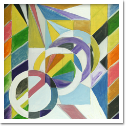 Esta pintura revela retângulos verticais entremeados, como uma moldura dentro de outra. Isso também acontece com círculos tangentes na diagonal. Destacam-se também as muitas cores em toda a tela.