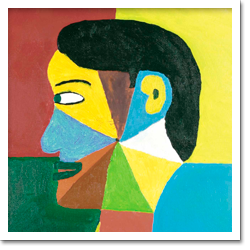 Nesta pintura vê-se o desenho de um rosto de perfil, dividido em nove fatias coloridas. Percebe-se ainda que o fundo foi dividido em quatro quadriláteros, um vermelho, outro amarelo, outro verde e outro azul.