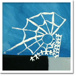 A pintura foi dividida em três partes. Um pouco abaixo da metade, na parte inferior, foram usadas tinta preta e uma clara tonalidade de azul. Sobre a linha que separa essas duas partes da terceira, que toma o restante da tela, foi desenhada uma teia de aranha na cor branca e uma fileira de pequenos bonecos ligados uns aos outros, integrando essa teia. 