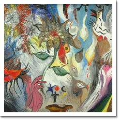 Esta pintura revela um emaranhado de desenhos coloridos. Notam-se, por exemplo, um olho à esquerda, uma flor ao centro e uma ave no canto superior direito.