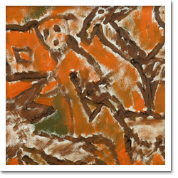 Sobre fundo laranja, tons de marrom foram utilizados para traçar figuras humanas e animais. São traços simples e rústicos. À esquerda, nota-se uma árvore. Ao fundo, no centro, uma casa e, à direita, animais de quatro patas e uma pessoa. 