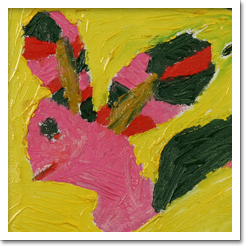 A tela mostra desenho multicolorido. Notam-se traços primários, não elaborados que constituem um animal comprido, tomando toda a extensão horizontal da tela. No centro, na parte superior, identifica-se um sol, com olhos e boca.