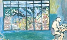 Pintura em tons azuis e verdes em toda a sua área. A tela é quase inteiramente tomada por uma grande janela, por onde se vê a paisagem. No canto inferior direito, uma pessoa trabalha sentada em uma cadeira, em frente a uma mesa. Pintura em tons azuis e verdes em toda a sua área. A tela é quase inteiramente tomada por uma grande janela, por onde se vê a paisagem. No canto inferior direito, uma pessoa trabalha sentada em uma cadeira, em frente a uma mesa.