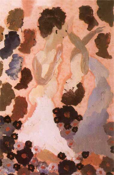 A pintura retrata duas mulheres. No centro, uma delas tem vestido claro e cabelos marrons. Ela está em pé, de perfil. Ao seu lado, a outra mulher, também de vestido claro e cabelos marrons, está de costas para a primeira. Com os braços elevados e cruzados, ela curva a coluna para trás, deixando a cabeça pender na altura do ventre da outra. O fundo foi colorido em tons de rosa e, em baixo e nas laterais esquerda e direita, encontram-se pinceladas disformes em tons de laranja, marrom e cinza. A pintura retrata duas mulheres. No centro, uma delas tem vestido claro e cabelos marrons. Ela está em pé, de perfil. Ao seu lado, a outra mulher, também de vestido claro e cabelos marrons, está de costas para a primeira. Com os braços elevados e cruzados, ela curva a coluna para trás, deixando a cabeça pender na altura do ventre da outra. O fundo foi colorido em tons de rosa e, em baixo e nas laterais esquerda e direita, encontram-se pinceladas disformes em tons de laranja, marrom e cinza.
