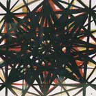 A mandala é formada por traços pretos e grossos. A imagem que surge é a de uma estrela com várias pontas. No centro, há círculos uns dentro dos outros e em toda a extensão da tela, há linhas horizontais e verticais que se cruzam. Por baixo desses traços, linhas vermelhas, rosas e amarelas dão mais cor à pintura, que tem fundo branco.