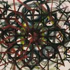 Sobre um fundo branco, a pintura apresenta linhas e círculo lado a lado, formando a mandala. Em tinta preta, foi traçado um pequeno círculo central envolto por mais oito formas circulares.  Sobre o fundo branco, percebe-se uma estrela vermelha com várias pontas.