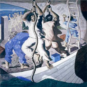 A pintura, em cores, expressa homens puxando cordas. Em pé, com os pés apoiados e as mãos acima da cabeça, os personagens puxam para baixo duas cordas que estão na direção vertical. Ao fundo, há uma escada e uma pessoa atrás dela, de frente para uma parede. 