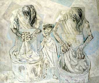 Pintura de lavadeiras. Há duas formas humanas que ilustram lavadeiras, uma à esquerda e outra à direita. As duas estão com as cabeças baixas e esfregam peças de roupas em tonéis. Entre elas, a figura de uma criança. Sobre um fundo claro, percebe-se que o artista usou traços muito finos e com arestas para ilustrar as pessoas. 
