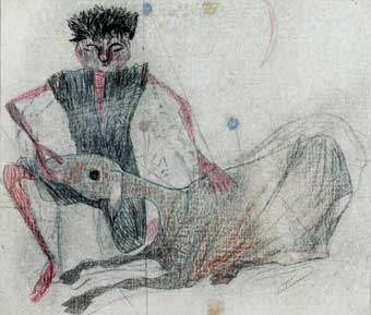 A pintura retrata um menino e um carneiro. O menino tem os braços e pernas extremamente finos. Está descalço, abaixado e com o joelho esquerdo apoiado ao chão. As mãos do menino tocam o animal, acariciando-o. O bicho está deitado com a barriga para baixo e a cabeça levantada. O fundo da imagem é todo claro. 