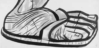 Desenho em preto e branco de um pé em um chinelo. O desenho ocupa toda a extensão da imagem e mostra um pé de perfil, voltado para a direita. O chinelo tem duas tiras que passam por cima do peito do pé e se prendem à lateral do calçado.